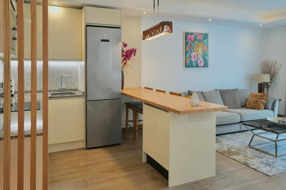 Living room from the entrance, slat screen